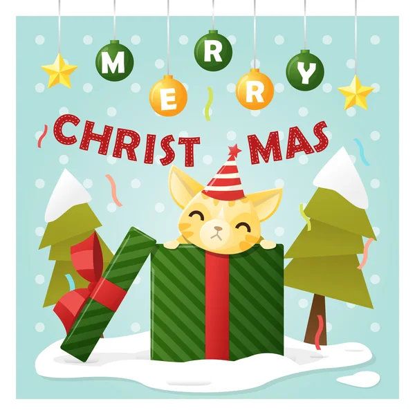 Καλά Χριστούγεννα ευχετήριας κάρτας με τη γάτα μέσα στο κουτί δώρου, διάνυσμα, εικονογράφηση — Διανυσματικό Αρχείο
