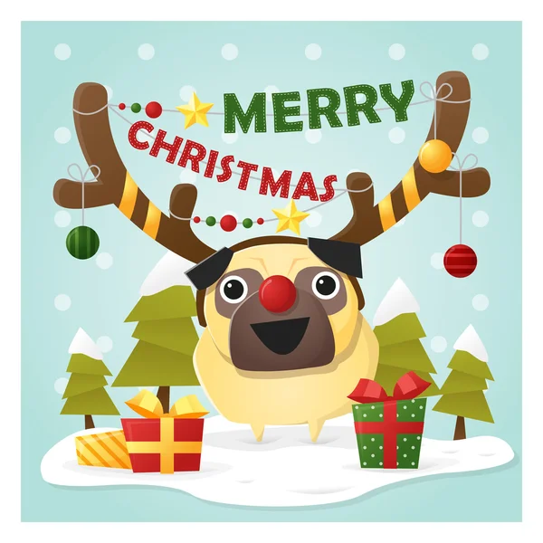 Καλά Χριστούγεννα ευχετήρια κάρτα με σκυλί φορώντας κοστούμι ταράνδων, διάνυσμα, εικονογράφηση — Διανυσματικό Αρχείο