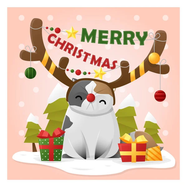 Καλά Χριστούγεννα ευχετήρια κάρτα με γάτα φορώντας κοστούμι ταράνδων, διάνυσμα, εικονογράφηση — Διανυσματικό Αρχείο