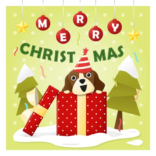 Καλά Χριστούγεννα ευχετήρια κάρτα με το σκυλί μέσα σε κουτί δώρου, διάνυσμα, εικονογράφηση — Διανυσματικό Αρχείο