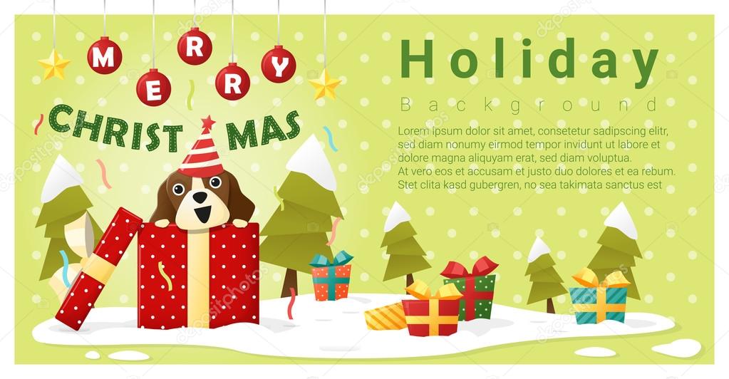 Merry Christmas Greeting background with dog inside gift box , vector , illustration