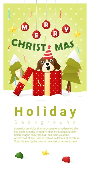 Veselé vánoční pozdrav nápisu se psem uvnitř krabičky, vektor, ilustrace — Stockový vektor