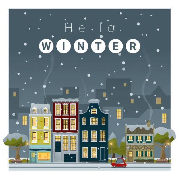Привіт зимовий міський пейзажний фон, вектор, ілюстрація — стоковий вектор