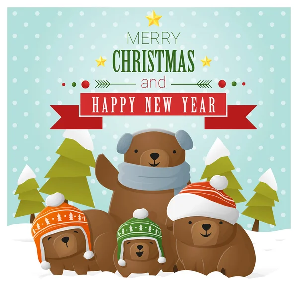 Χαρούμενα Χριστούγεννα και Ευτυχισμένο το νέο έτος ευχετήρια κάρτα με την οικογένεια των αρκούδων, διάνυσμα, εικονογράφηση — Διανυσματικό Αρχείο