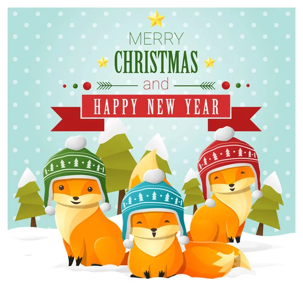 Χαρούμενα Χριστούγεννα και Ευτυχισμένο το νέο έτος ευχετήρια κάρτα με αλεπού οικογένεια, διάνυσμα, εικονογράφηση — Διανυσματικό Αρχείο
