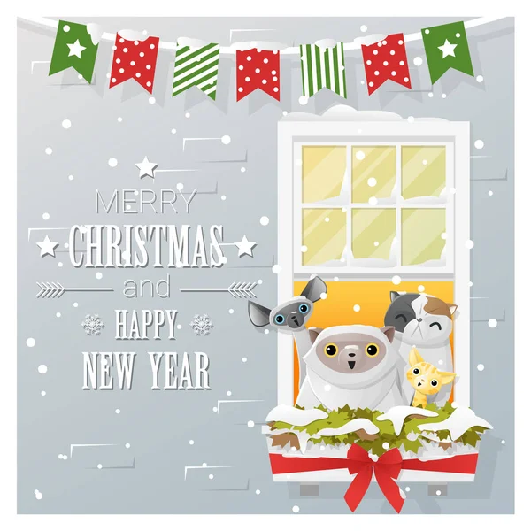 Χαρούμενα Χριστούγεννα και Ευτυχισμένο το νέο έτος ευχετήρια κάρτα με γάτα οικογένεια, διάνυσμα, εικονογράφηση — Διανυσματικό Αρχείο