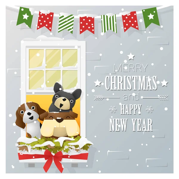 Χαρούμενα Χριστούγεννα και Ευτυχισμένο το νέο έτος ευχετήρια κάρτα με το οικογενειακό σκυλί, διάνυσμα, εικονογράφηση — Διανυσματικό Αρχείο