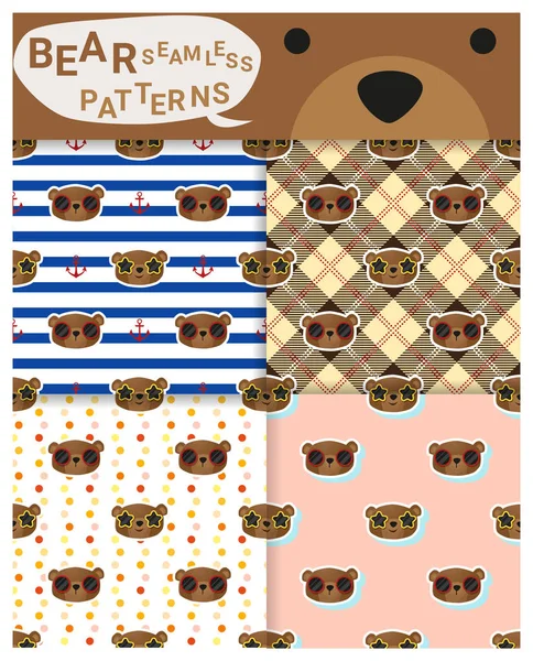 Conjunto de patrones sin costura animal con oso, vector, ilustración — Archivo Imágenes Vectoriales