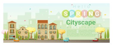 Merhaba bahar cityscape arka plan, vektör, illüstrasyon