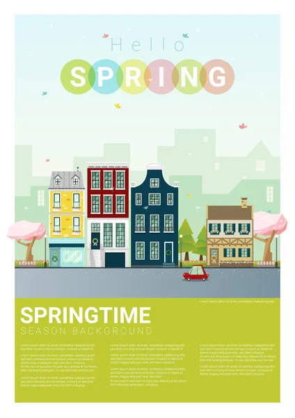Olá primavera paisagem urbana fundo, vetor, ilustração — Vetor de Stock