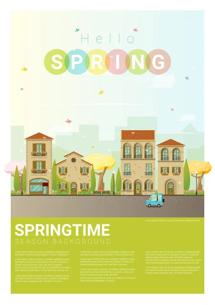 Ciao primavera paesaggio urbano sfondo, vettore, illustrazione — Vettoriale Stock