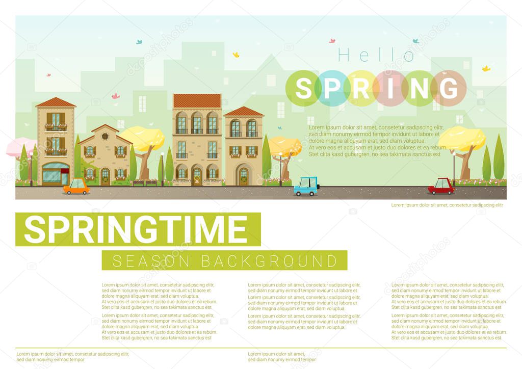 Hello spring cityscape background , vector , illustration