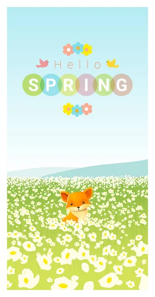 Hello spring landscape background with fox, vector, illustration — стоковый вектор