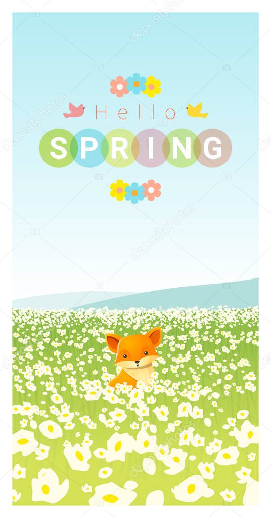 Hello spring landscape background with fox , vector , illustration