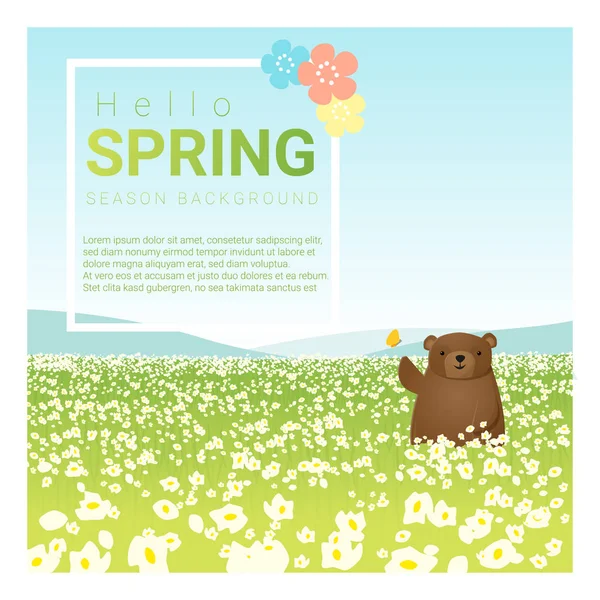 Привіт весняний пейзажний фон з ведмедем, вектор, ілюстрація — стоковий вектор