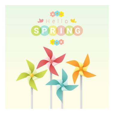 Hello spring background with colorful pinwheels , vector , illustration clipart