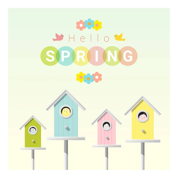 Hallo Frühling Hintergrund mit kleinen Vögeln in Vogelhäusern, Vektor, Illustration — Stockvektor