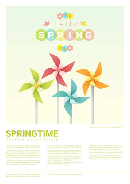 Hola fondo de primavera con pinwheels coloridos, vector, ilustración — Vector de stock