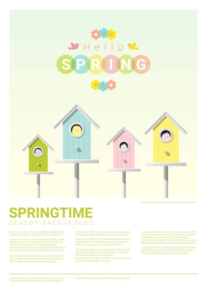 Hello spring background with little birds in birdhouses, vector, illustration — стоковый вектор