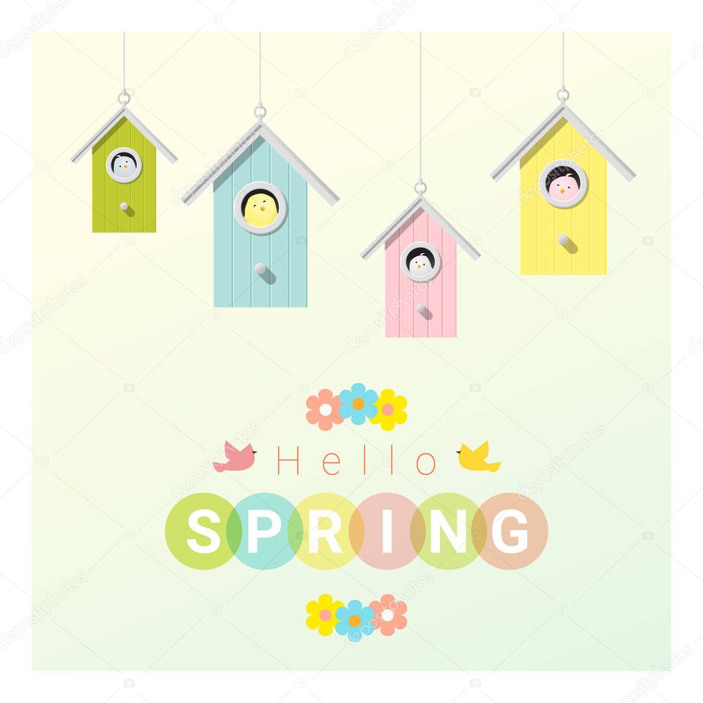 Hello spring background with little birds in birdhouses , vector , illustration