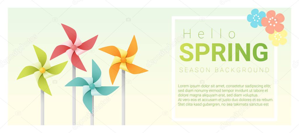 Hello spring background with colorful pinwheels , vector , illustration