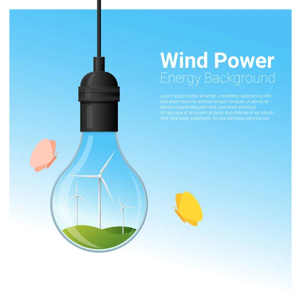 Fondo concepto de energía con turbina eólica en bombilla, vector, ilustración — Vector de stock