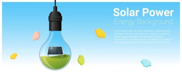 Fondo concepto de energía con panel solar en bombilla, vector, ilustración — Archivo Imágenes Vectoriales