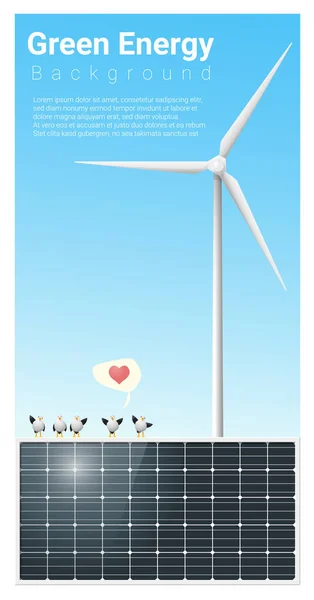 Fondo de energía verde con panel solar y turbina eólica, vector, ilustración — Vector de stock