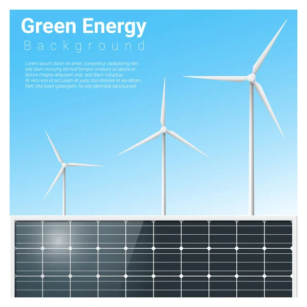 Πράσινη ενέργεια φόντο με ηλιακό πάνελ και ανεμογεννήτρια, διάνυσμα, εικονογράφηση — Διανυσματικό Αρχείο