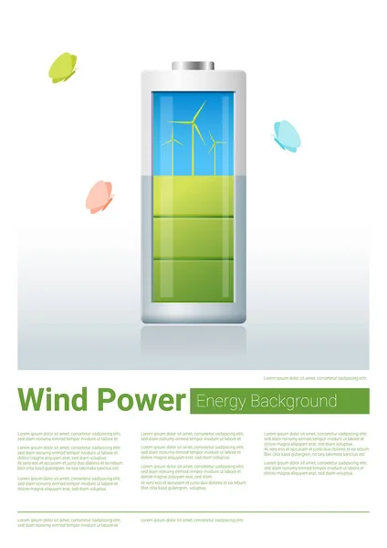 Fondo concepto de energía verde con batería de carga del aerogenerador, vector, ilustración — Archivo Imágenes Vectoriales