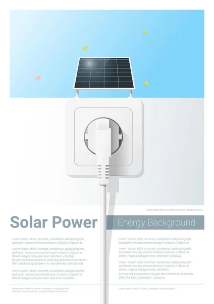 Fondo concepto de energía verde con panel solar y enchufe eléctrico, vector, ilustración — Vector de stock
