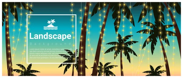 Fundo da paisagem com palmeiras em festa de praia tropical, vetor, ilustração — Vetor de Stock