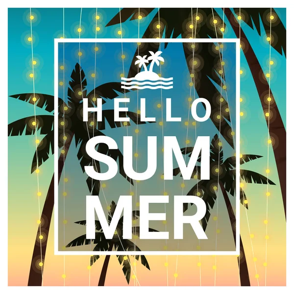 Hallo Sommer Hintergrund mit Palmen am tropischen Strand, Vektor, Illustration — Stockvektor