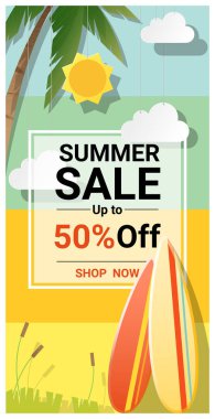 Yaz satış arka plan ile renkli sörf tahtaları, vektör, illüstrasyon