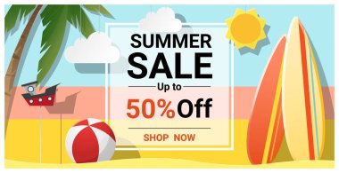 Yaz satış arka plan ile renkli sörf tahtaları, vektör, illüstrasyon