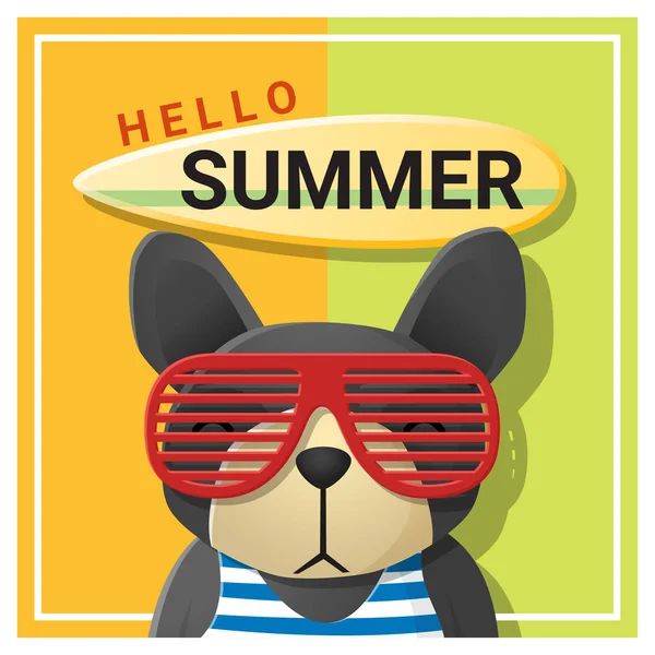 Γεια σας καλοκαίρι φόντο με σκυλί φορώντας γυαλιά ηλίου, διάνυσμα, εικονογράφηση — Διανυσματικό Αρχείο