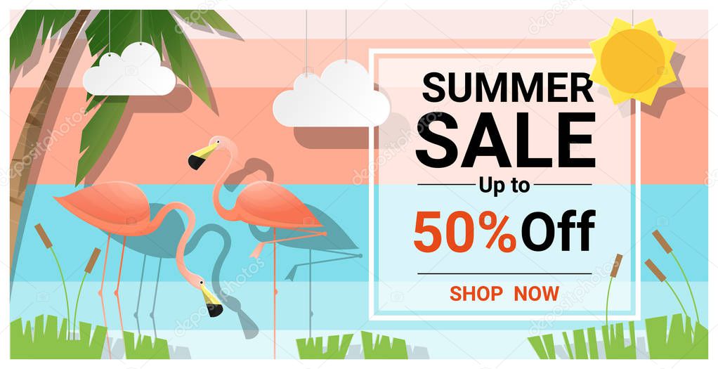 Summer sale background with two pink flamingos , vector , illustration