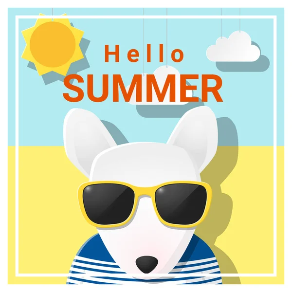 Hello summer background with dog wearing sunglasses, vector, illustration — стоковый вектор