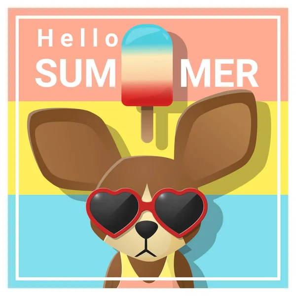 Hallo Sommer Hintergrund mit Hund mit Sonnenbrille, Vektor, Illustration — Stockvektor