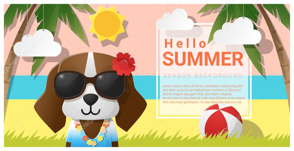 Hello summer background with dog wearing sunglasses , vector , illustration
