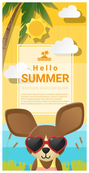 Bonjour fond d'été avec chien portant des lunettes de soleil, vecteur, illustration — Image vectorielle