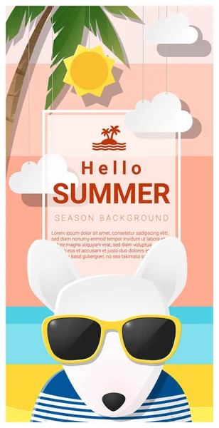 Hallo Sommer Hintergrund mit Hund mit Sonnenbrille, Vektor, Illustration — Stockvektor