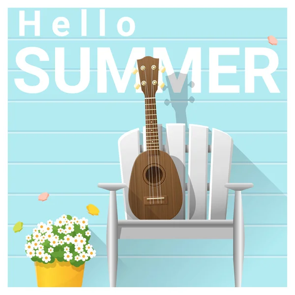 Hello summer background with ukulele on white chair, vector, illustration — стоковый вектор
