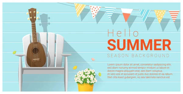 Hallo Sommer Hintergrund mit Ukulele auf weißem Stuhl, Vektor, Illustration — Stockvektor