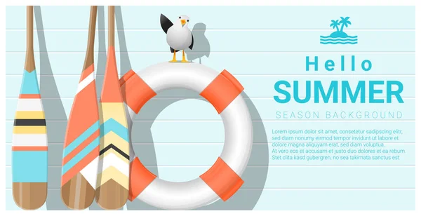 สวัสดีภูมิหลังฤดูร้อนกับ lifebuoy และพายเรือแคนู, เวกเตอร์, ภาพวาด — ภาพเวกเตอร์สต็อก