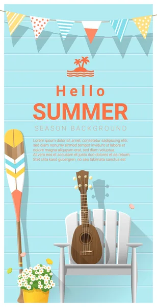 Hola fondo de verano con ukelele en silla blanca y paleta de canoa, vector, ilustración — Vector de stock