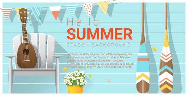 Hello summer background with ukulele on white chair and canoe paddle, vector, illustration — стоковый вектор