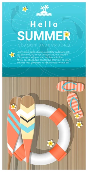 Hola fondo de verano con muelle de madera sobre el mar, vector, ilustración — Vector de stock