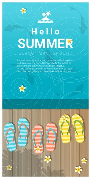 Hola fondo de verano con sandalias en el muelle de madera, vector, ilustración — Vector de stock