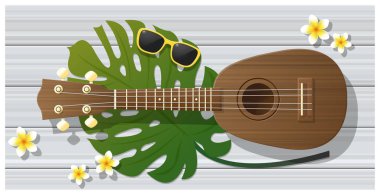 Ukulele üzerine ahşap masa, vektör, illüstrasyon ile yaz arka plan Merhaba
